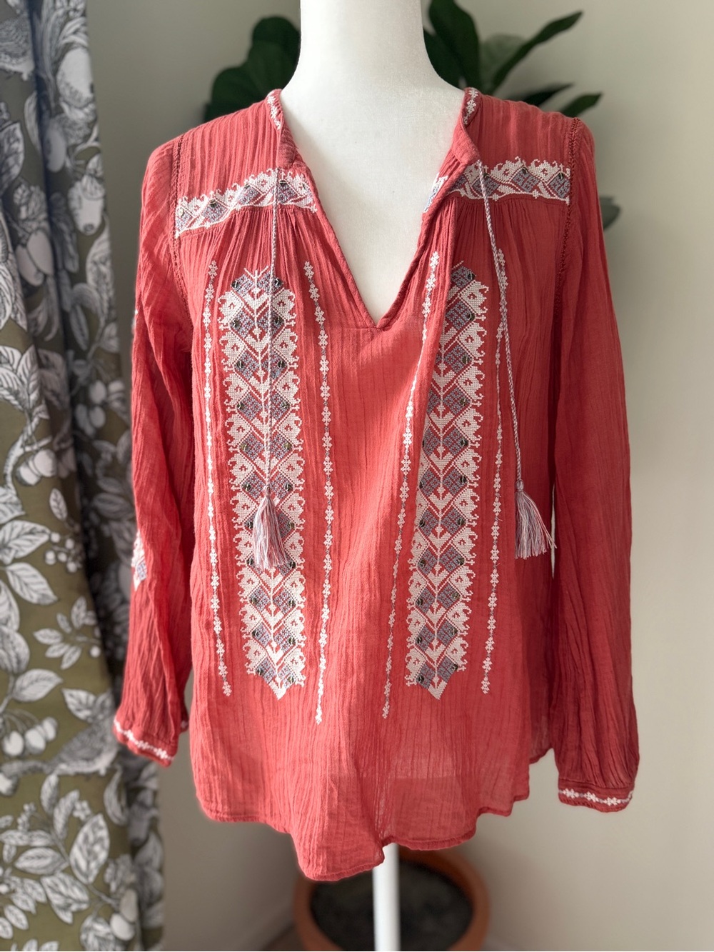 Joie Coral Embroidered V-Neck Peasant Blouse